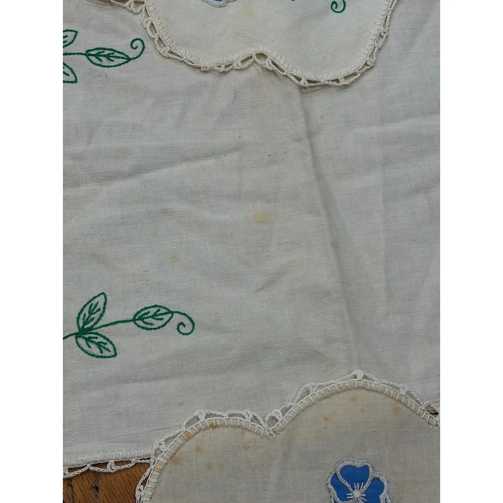 Vintage Hand Embroidered Linen Dresser Scarf Doily Set Blue Pansy Floral 8pc